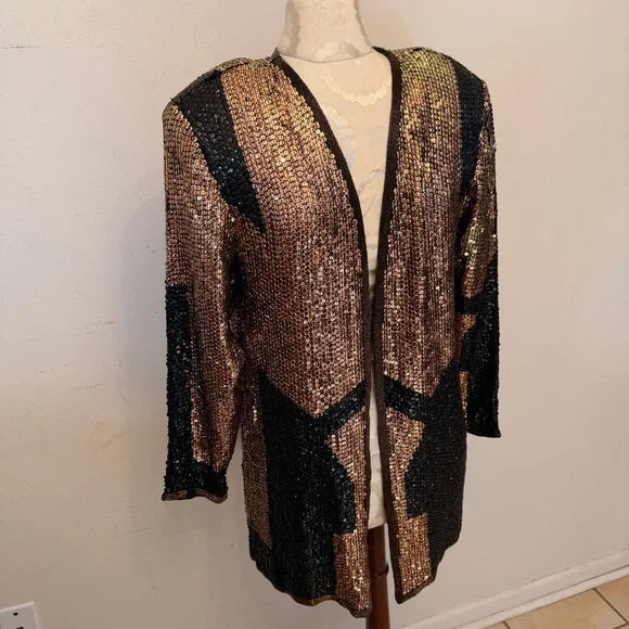 VTG Rina Z 100% Silk Sequin Jacket Bronze Black Geometric M - Picture 2 of 8